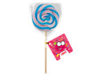 Roze en blauwe spiraalvormige lolly met een Fizzy-label, op een zwarte achtergrond.