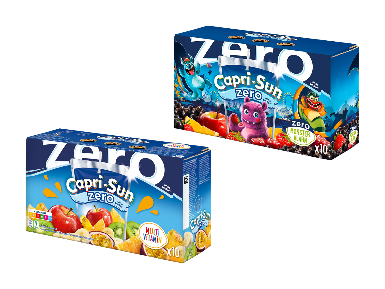 Zwei Packungen Capri-Sun Zero, eine Multivitamin- und eine Monster Alarm-Variante.