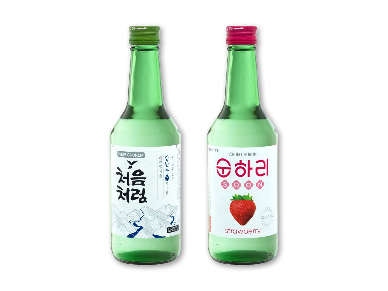 To flasker soju, en original og en jordbærsmag, med grønne og lyserøde låg.