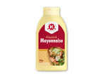 En flaske klassisk mayonnaise med et billede af en smørrebrød med laks og agurk.