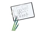 A child's drawing of a sunny day with a flower and vegetables on a clipboard, with three green pencils nearby.