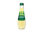 En flaske citronaromatiseret mineralvand med en grøn etiket og citronskiver.