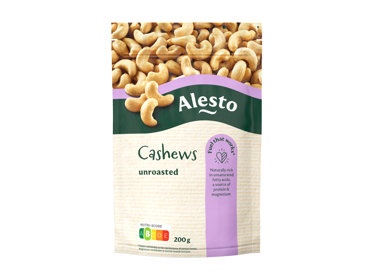 Alesto ongeroosterde cashewnoten, 200g, met Nutri-score A en gezondheidsvoordelen.