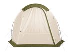 Cream and olive green camping tent with an open entrance, set up against a white background.