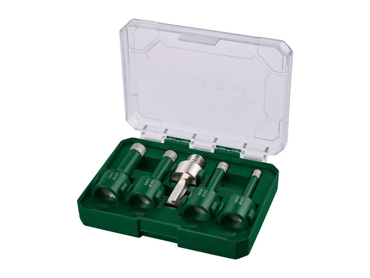 A set of diamond drill bits in a green case with a clear lid, including sizes 6mm, 8mm, 10mm, and 12mm.