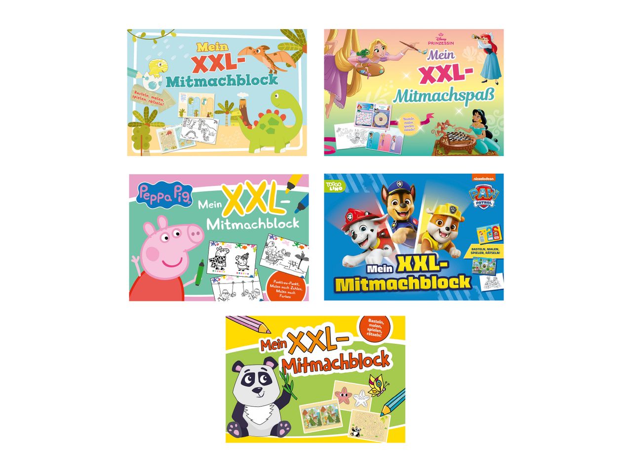 Vier XXL-Mitmachblöcke mit Dinosaurier-, Prinzessinnen-, Peppa Wutz- und Paw Patrol-Motiven sowie ein XXL-Mitmachblock mit Panda-Motiv.