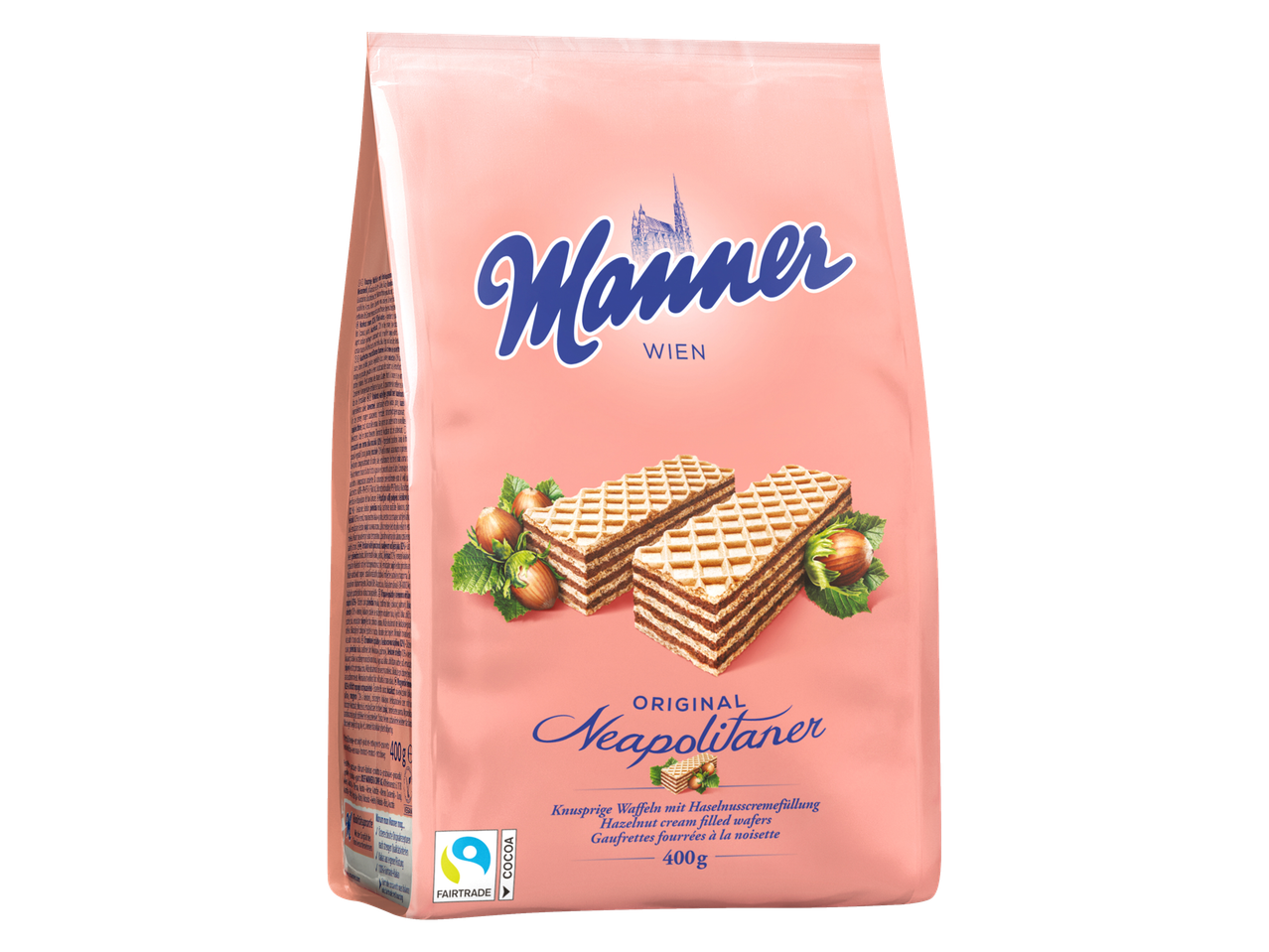 Manner Original Neapolitaner wafels met hazelnootcrèmevulling, 400g verpakking.