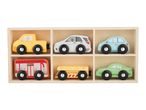 Wooden toy vehicles in a wooden box, including a yellow pickup, white SUV, blue car, orange bus, yellow flatbed truck, and green sports car.
