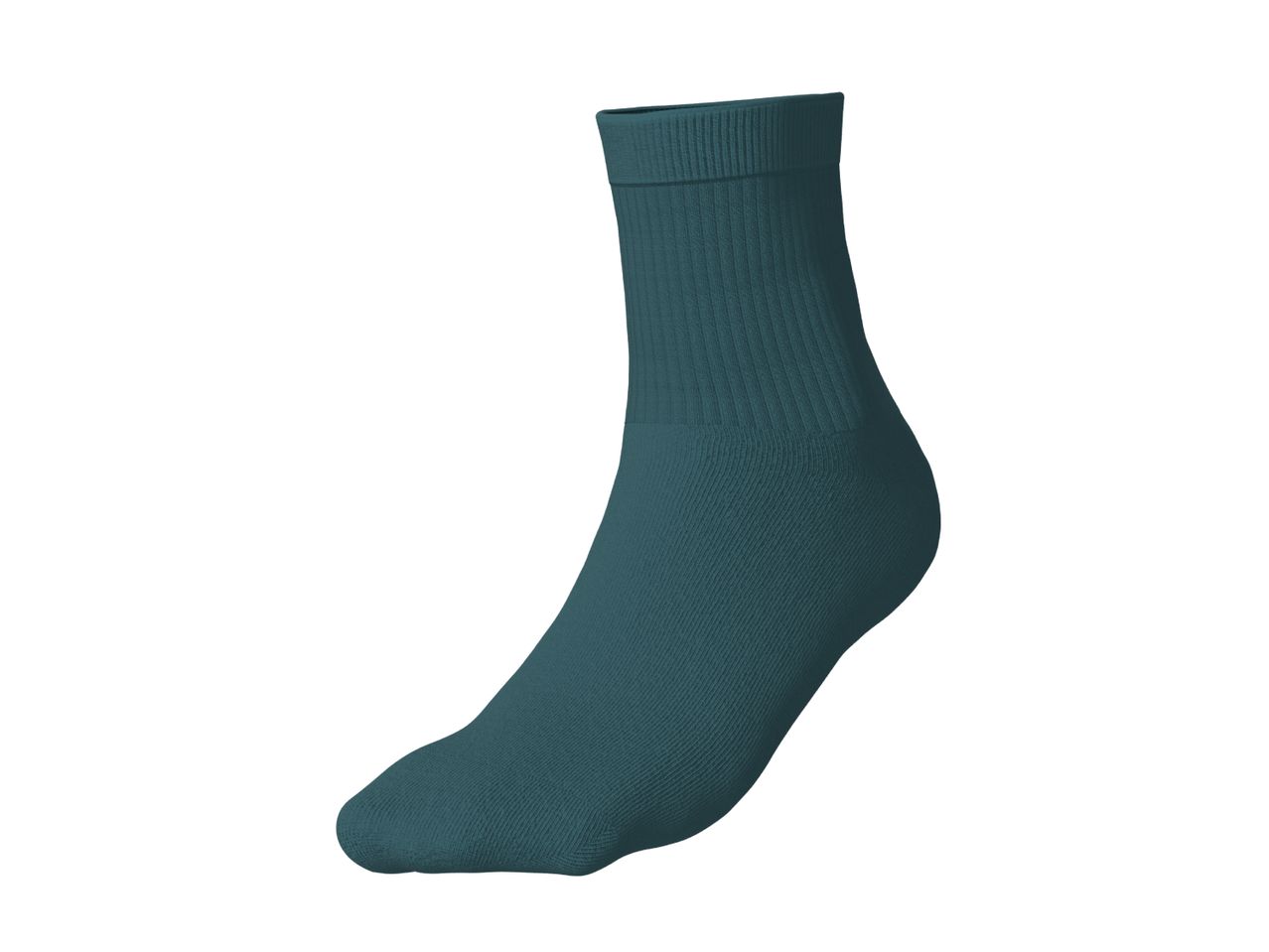 A single teal-colored sock with a ribbed cuff, shown on a white background.
