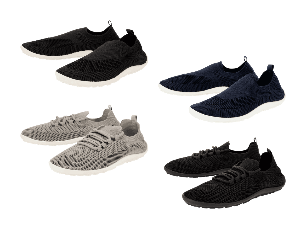 Vier Paar gestrickte Sneaker in Schwarz, Marineblau und Grau, zwei Slip-on- und zwei Schnürmodelle.