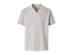 A men's short-sleeved, striped button-down shirt.