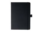 Black notebook with an elastic closure and a pen loop on a white background.