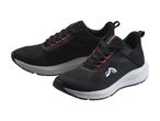 Pair of black and red athletic shoes with white soles