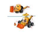 Two views of a yellow and black toy construction vehicle, one assembled and one disassembled.