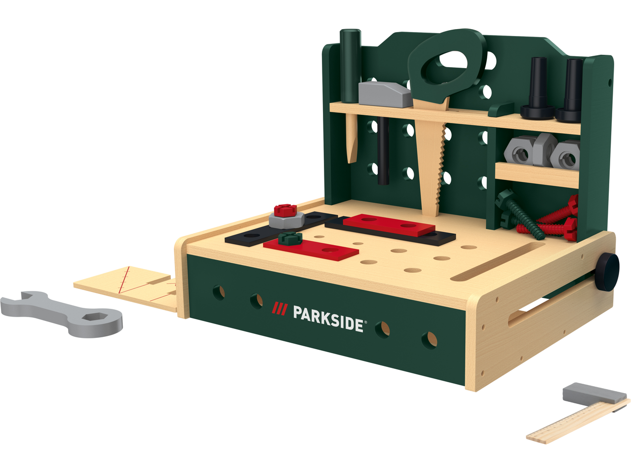 Parkside rotaļu darbagalds ar instrumentiem un piederumiem.