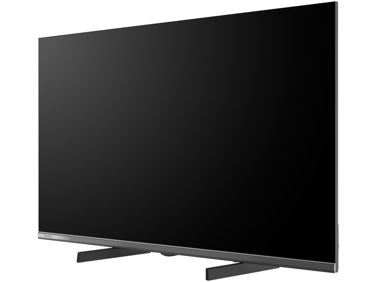 A sleek, modern television with a dark screen and a silver bottom bezel, angled to the left.