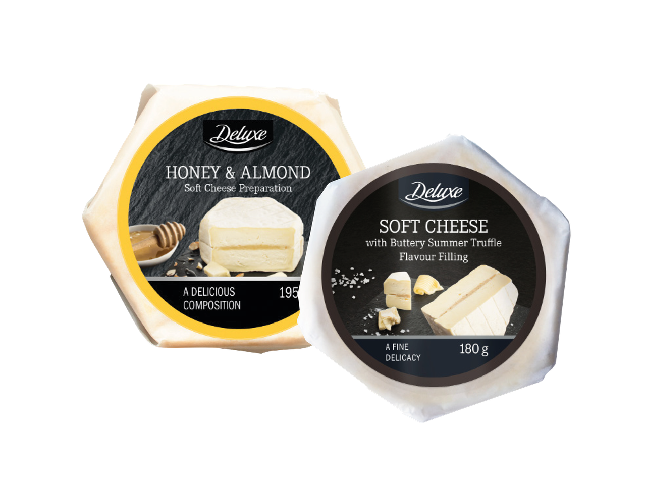 Divu veidu mīkstais siers: ar medu un mandelēm, un ar trifeles pildījumu.