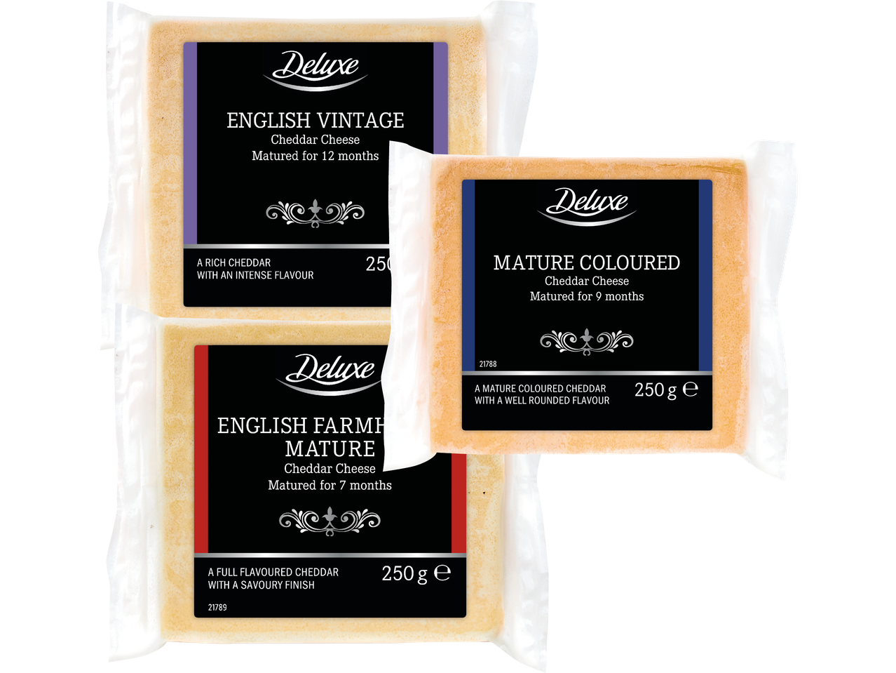 Tre förpackningar Deluxe cheddarost: English Vintage, Mature Coloured och English Farmhouse Mature.