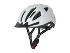 White bicycle helmet with black visor and straps, featuring ventilation holes.