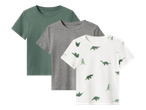 Set od tri dječje majice kratkih rukava: jedna zelena, jedna siva i jedna bijela s uzorkom dinosaura.
