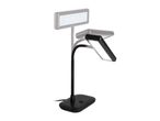 A black LED desk lamp with a flexible neck, shown in two positions.