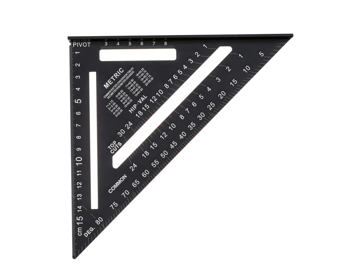 Parkside® Measuring Assortment: Black speed square with metric and degree markings, common rafter conversion tables.