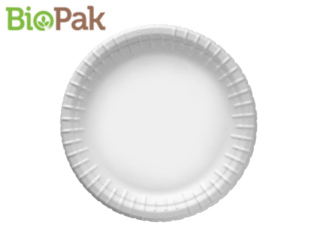 BioPak brand white disposable paper plate.