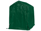 Green tarp shelter with a peaked roof and grommets, designed for outdoor storage.