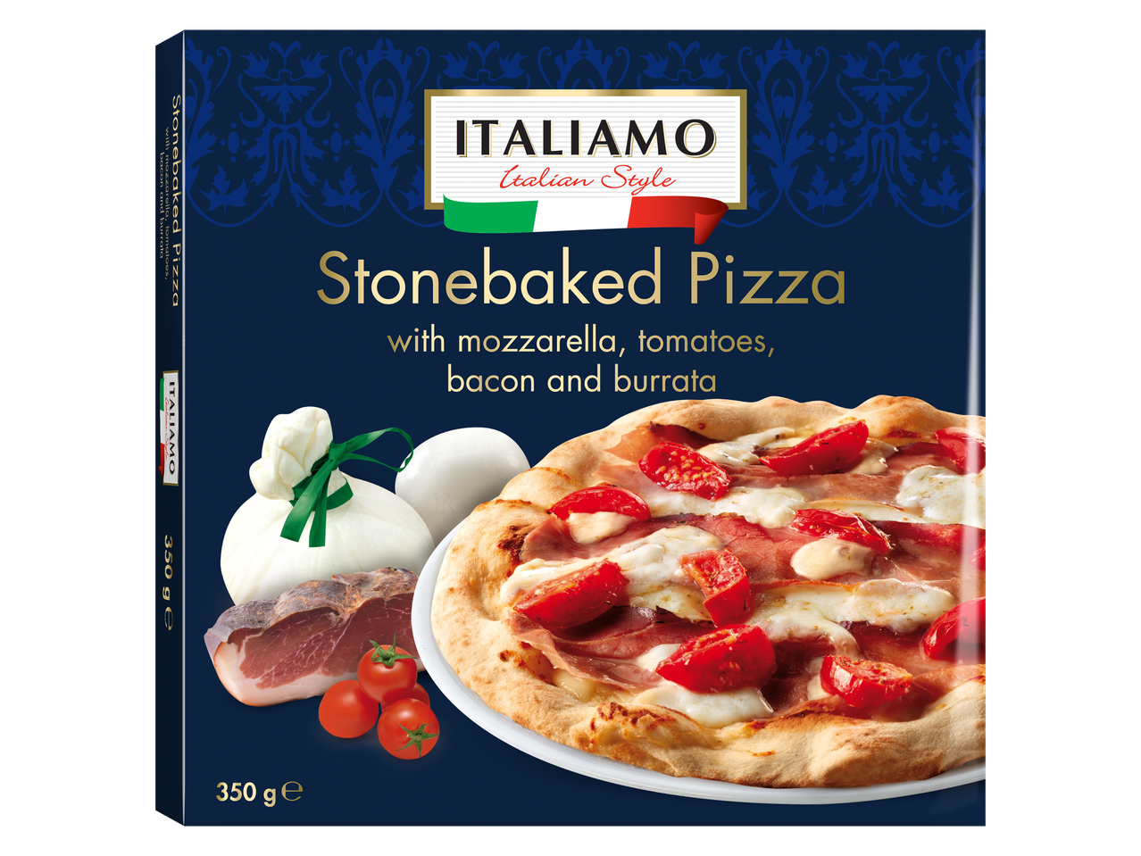 Pizza Italamo coaptă la cuptor cu lemne, cu mozzarella, roșii, bacon și burrata.