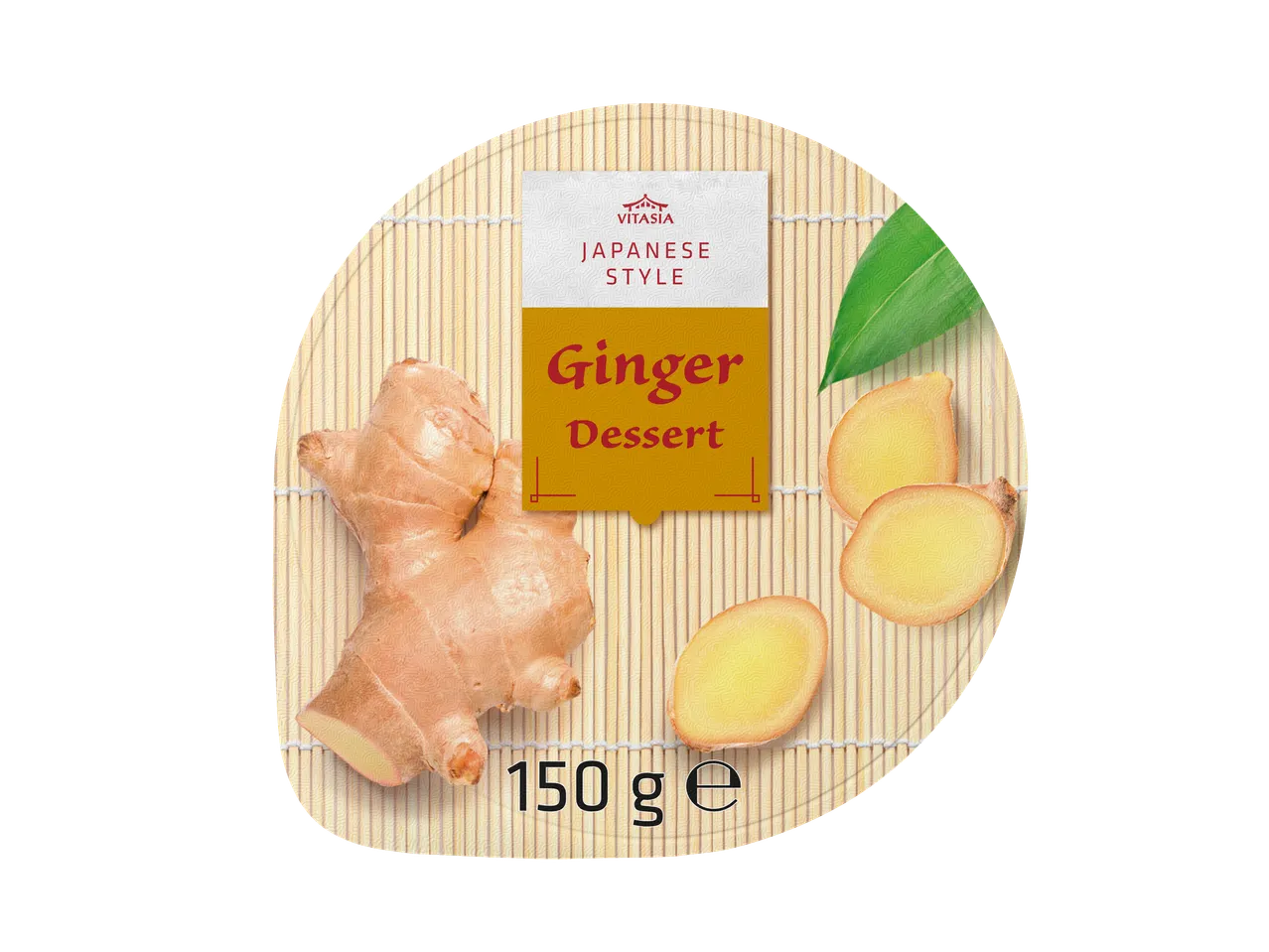 Japanese style ginger dessert with fresh ginger root and slices on a bamboo mat, 150g.