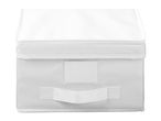 White fabric storage box with a lid, handle, and label holder
