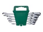 A set of silver combination wrenches with ratcheting box ends in a green plastic holder.