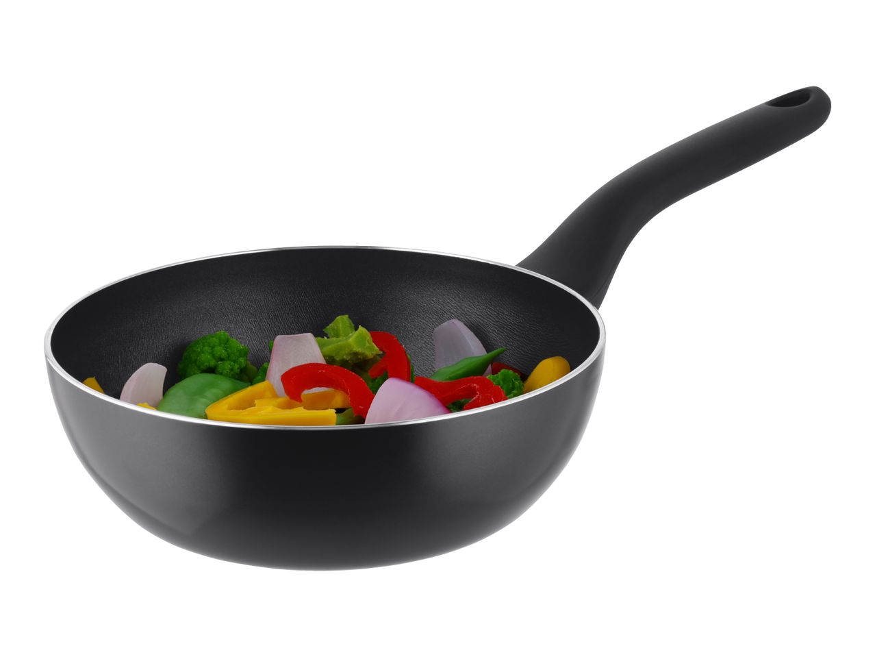 Black frying pan with chopped vegetables including bell peppers, onions, and broccoli.