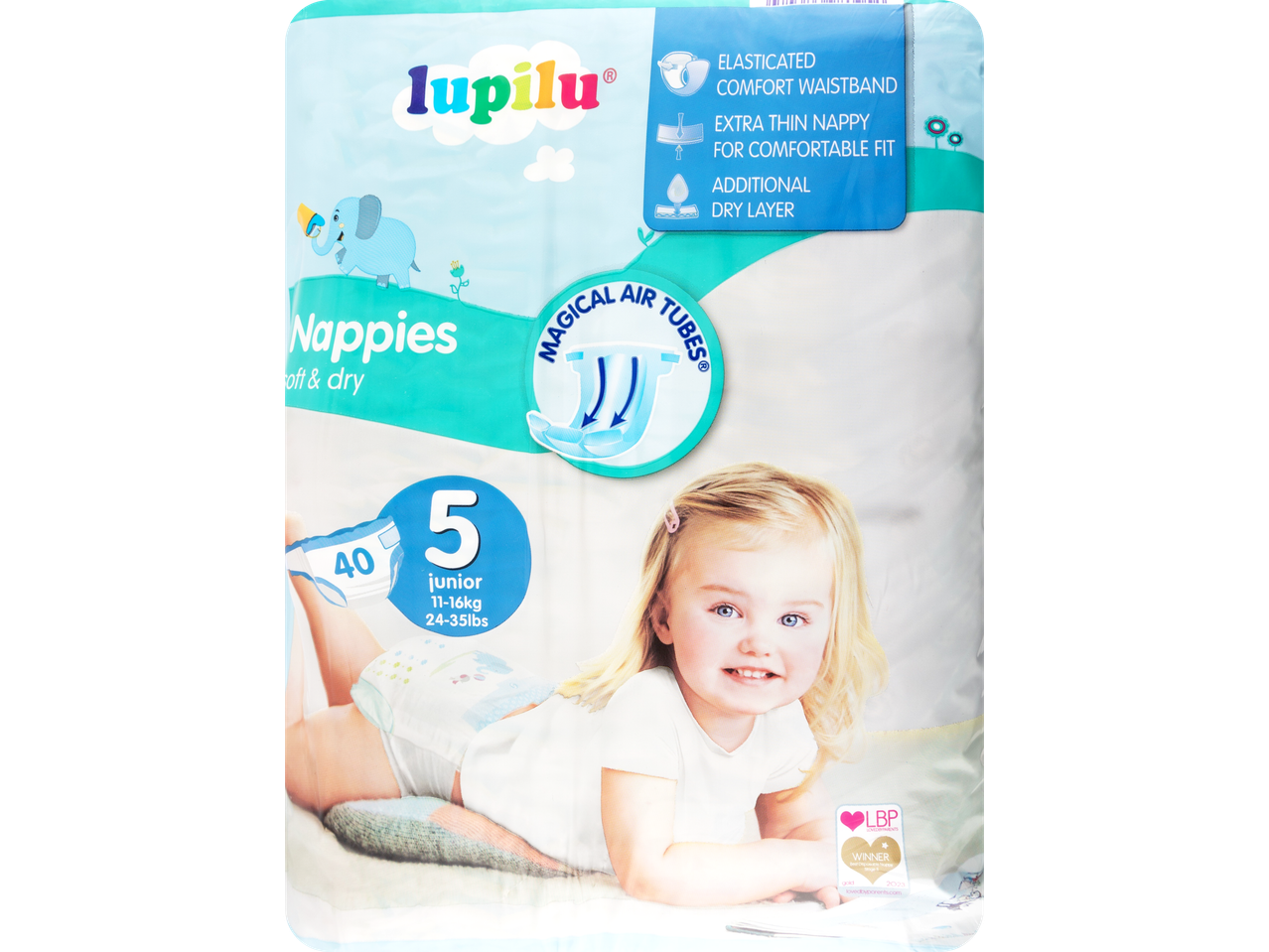 Lupilu Soft & Dry Nappies, Size 5 Junior (11-16kg), with Magical Air Tubes and comfort features.