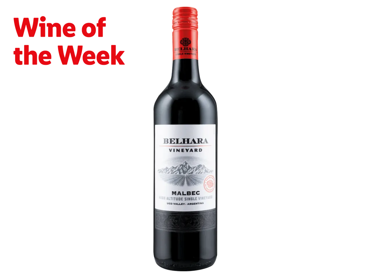 Red wine bottle with a red screw cap and a label featuring mountains, with 'Wine of the Week' text.