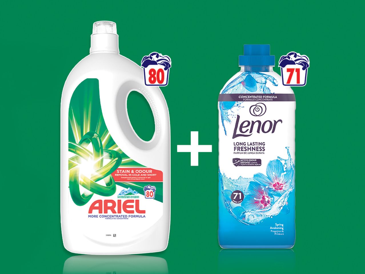 Ariel detergent și Lenor balsam de rufe, ambii în formule concentrate.