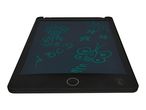 Black LCD writing tablet with green drawings of a flower, sun, stars, butterfly, and letters.