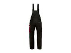 Black work overalls with red accents and multiple pockets.