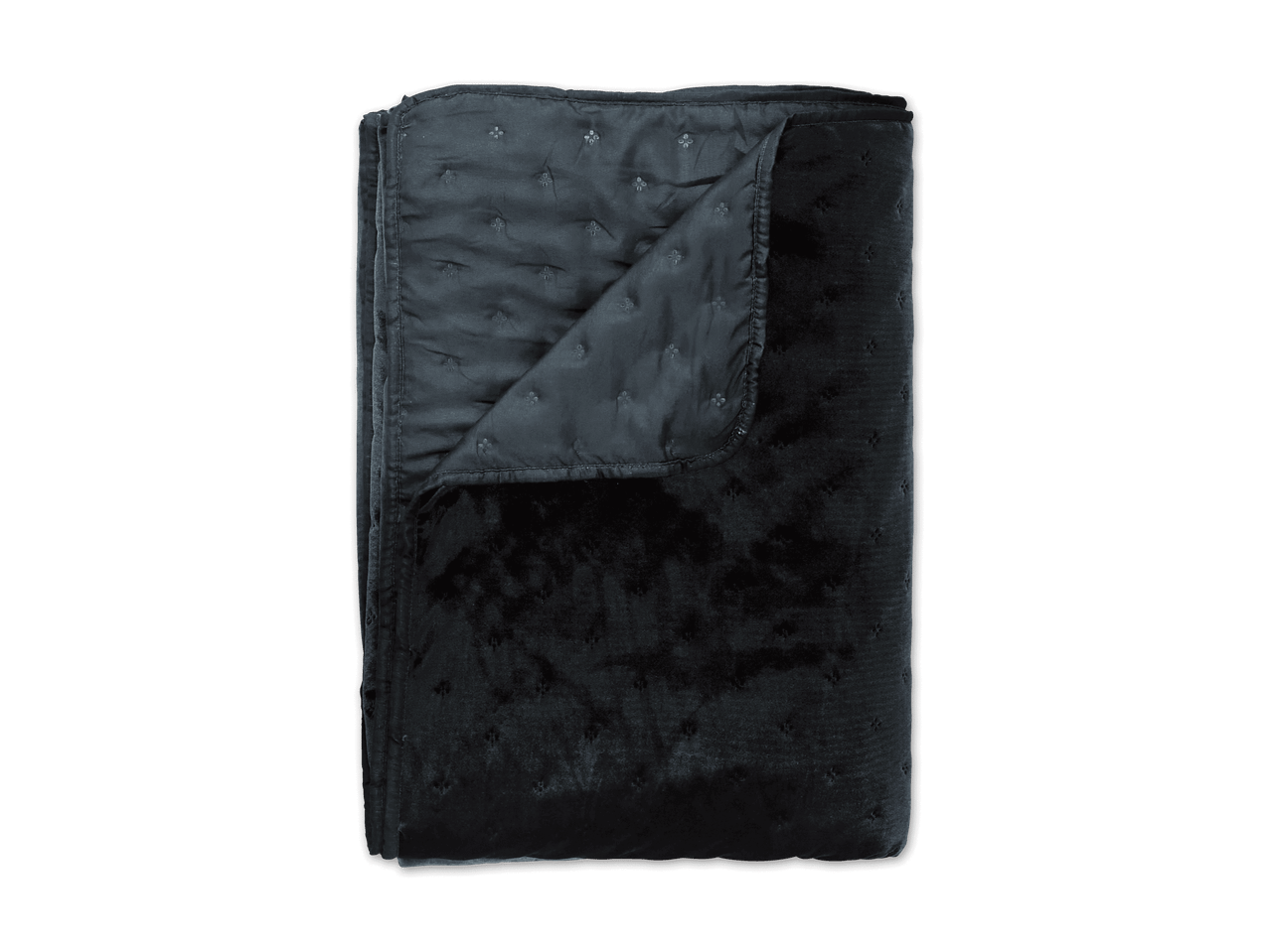 Dunkelgraue, gesteppte Decke mit einem umgeschlagenen Eck, das die weiche Unterseite zeigt.