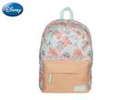 Light pink backpack with Stitch character and leaf pattern, featuring a beige front pocket.