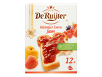 Verpakking met 12 porties jam, met 50% fruit, afgebeeld op een boterham met fruit.