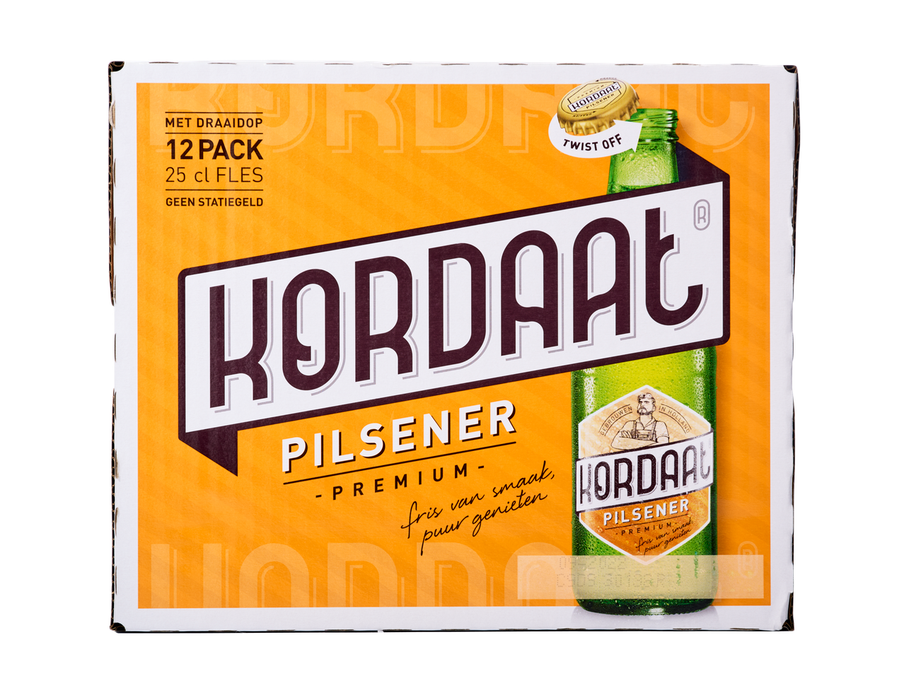12-pack Kordaat Pilsener premium bier in 25 cl flessen.