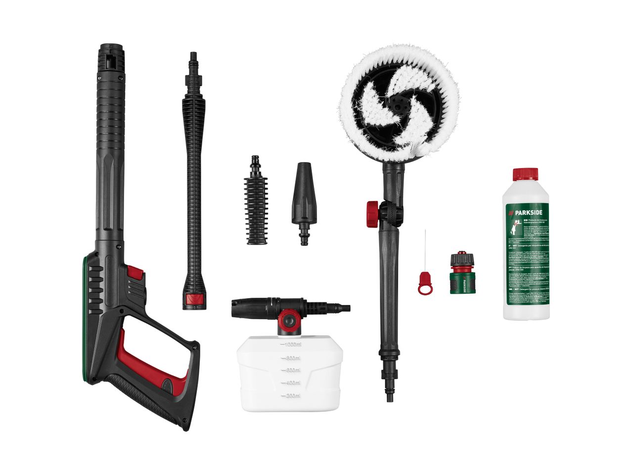 A set of pressure washer accessories including a spray gun, various nozzles, a rotating brush, a detergent bottle, and a soap dispenser.