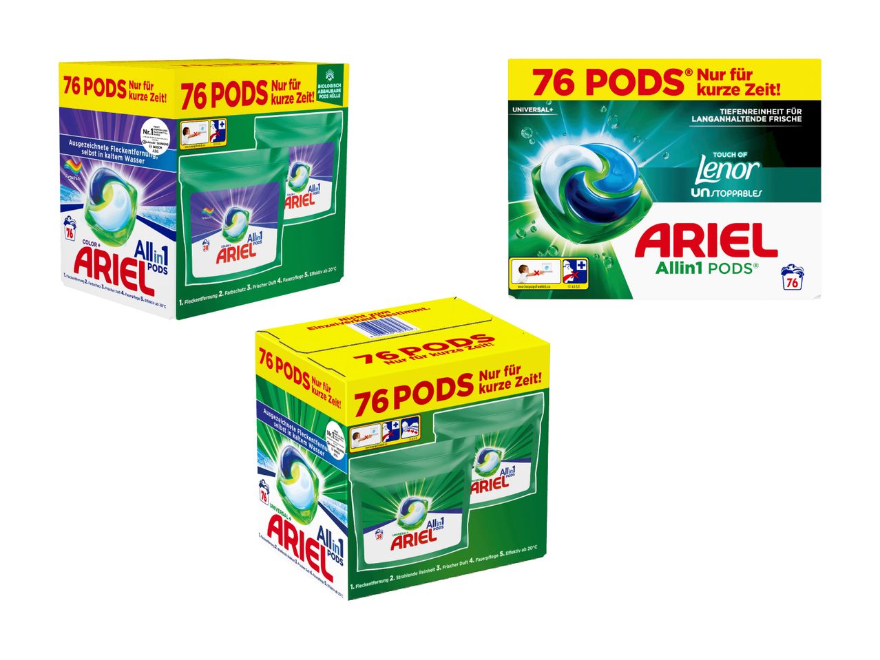 Drei Ariel Allin1 Pods-Packungen (76, 76 und 38 Pods) mit Lenor-Duft.