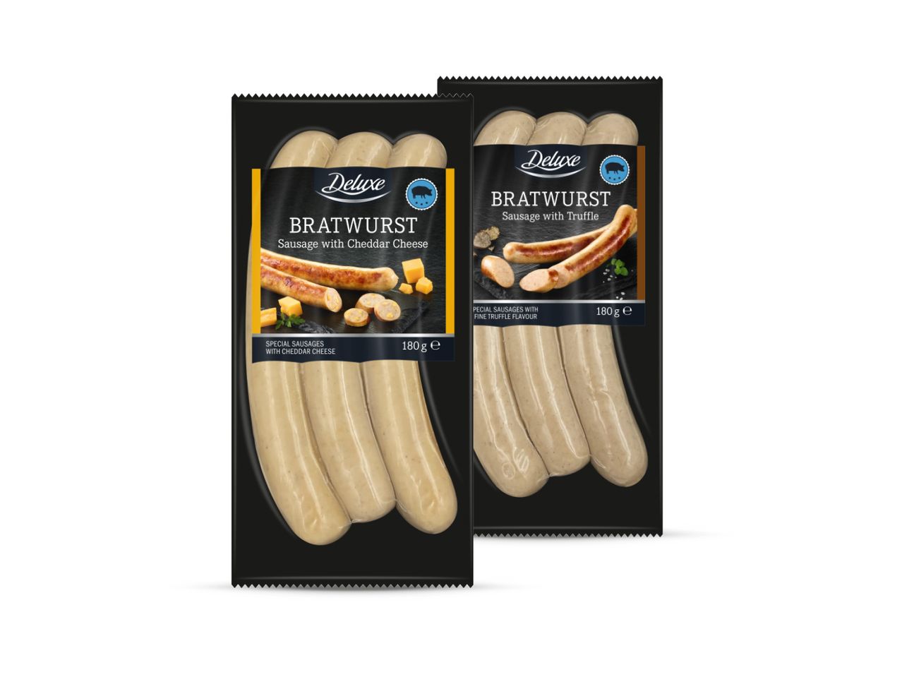 Dvije pakiranja njemačkih kobasica, vjerojatno bratwurst i weisswurst.