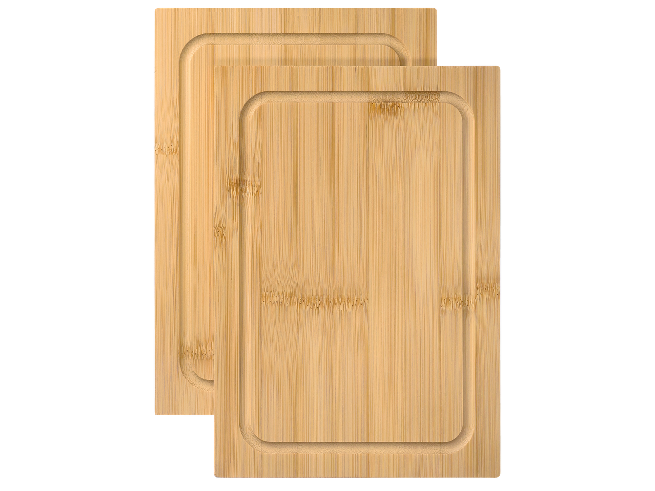 Две бамбукови дъски за рязане с канали за отцеждане на черен фон.