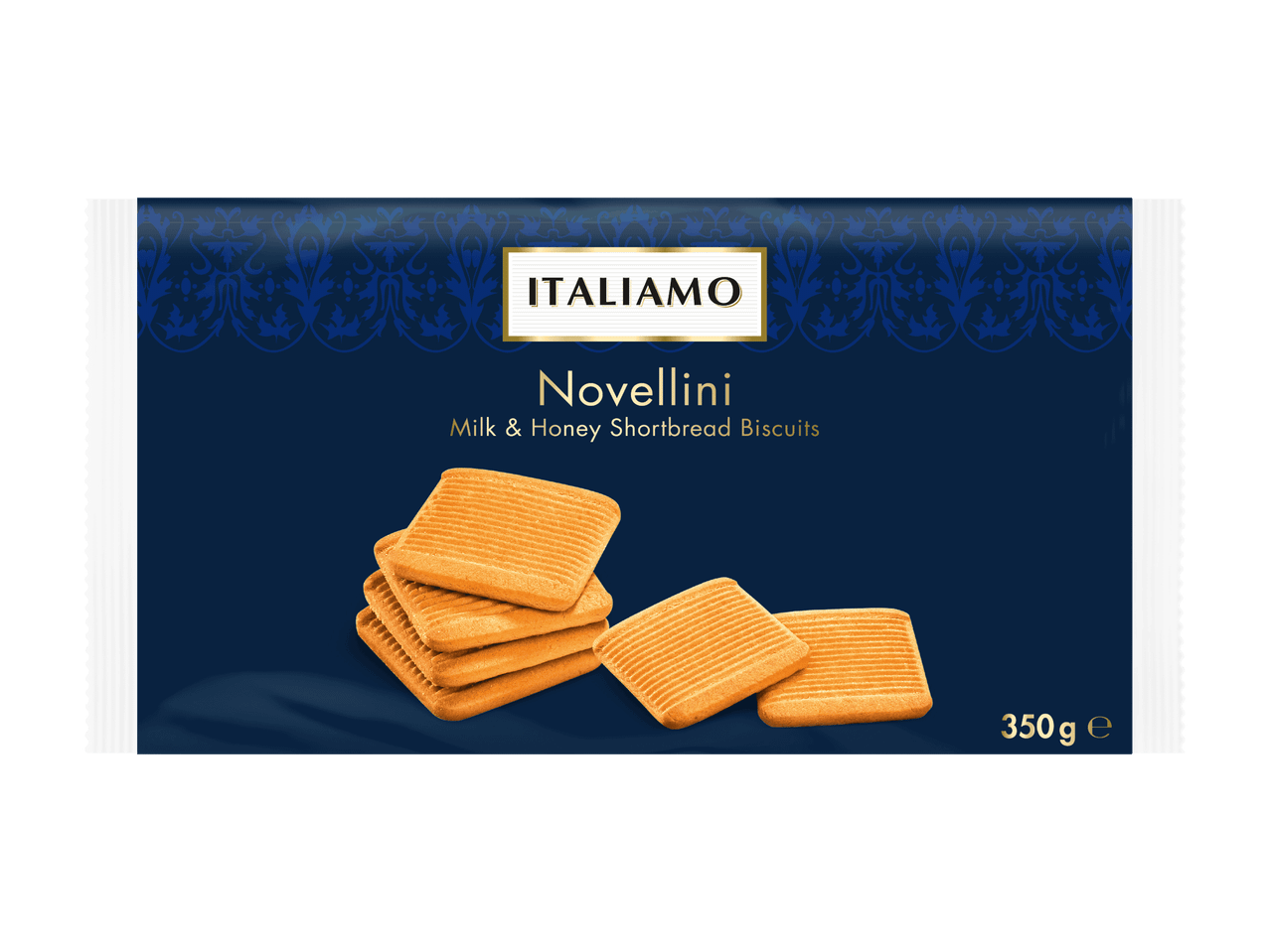 Italiamo Novellini -keksipaketti, jossa on maitoa ja hunajaa sisältäviä murokeksejä.