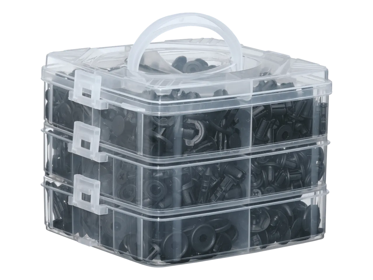 Prozirna kutija s ručkom, ispunjena raznim crnim plastičnim kopčama i vijcima.