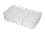 Eine weiße Plastikbox mit Deckel und mehreren Fächern.