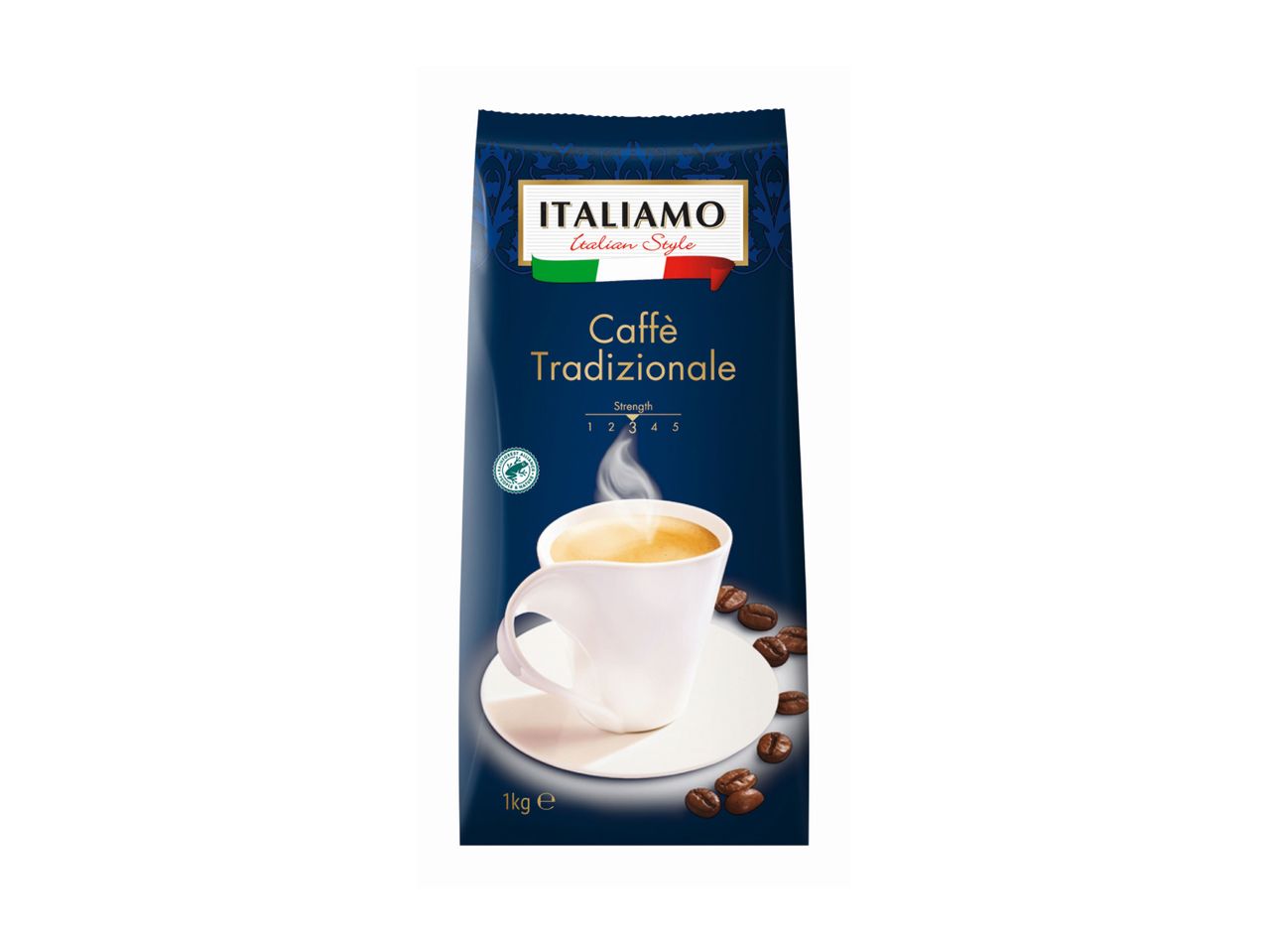 Italiamo Caffè Tradizionale coffee packaging with a cup of coffee and beans.